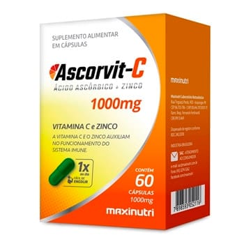 Ascorvit C - Vitamina C e Zinco 1000mg 60 Cápsulas - Maxinutri Ascorvit C - Vitamina C e Zinco 1000mg 60 Cápsulas - Maxinutri